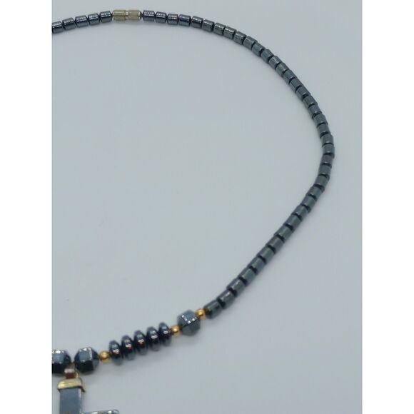 Hematite Gold Tone Cross Pendant 18" Beaded Necklace - Picture 5 of 6